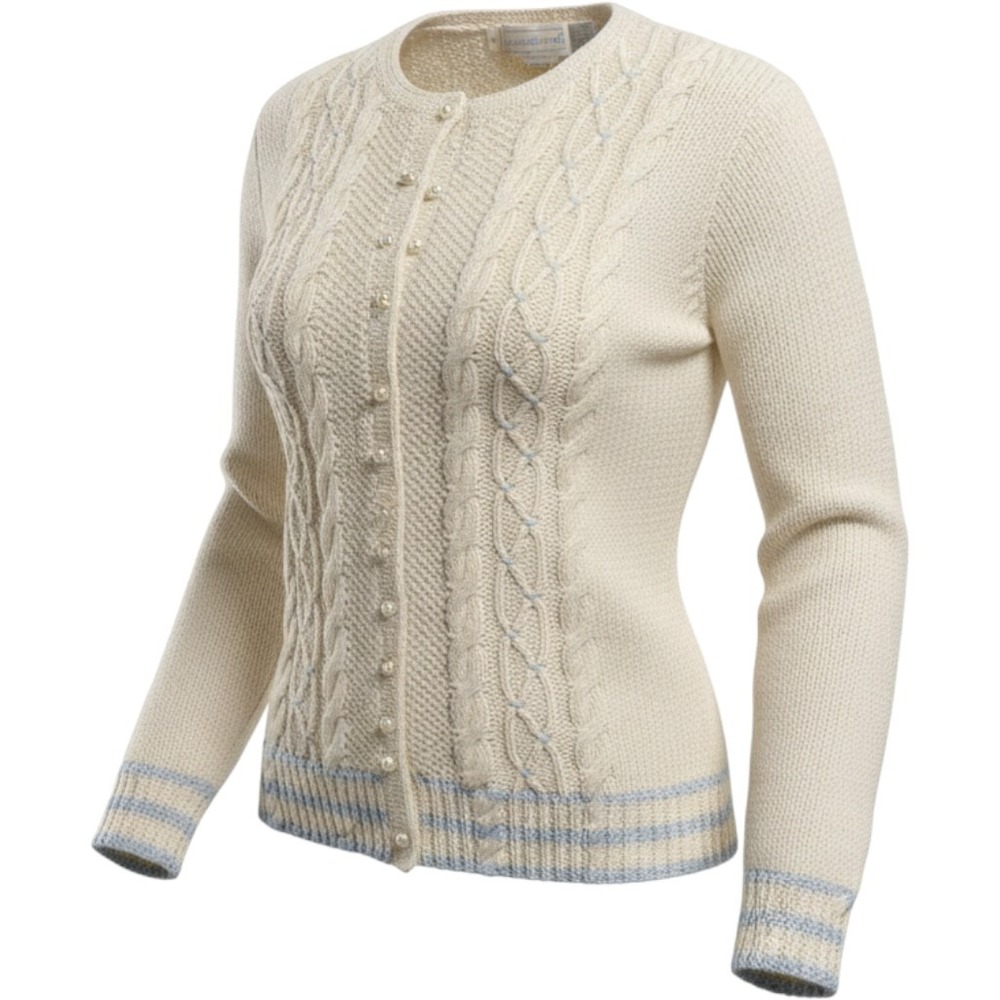The Eagles Eye Hand Knit Cardigan Sweater Cream Blue Cable Pearl Button Large